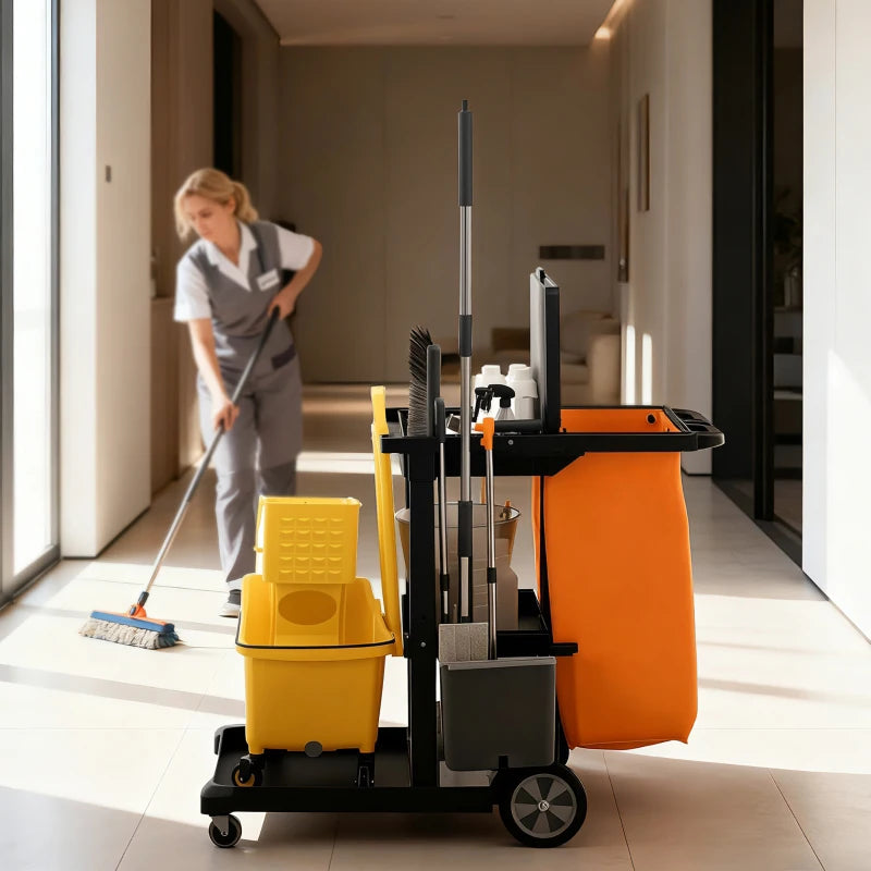 Commercial Janitorial Cart with 3 Tier Shelves, Cleaning Cart with Rubbish Bag and Mop Mount for Hotel Restaurant, Black