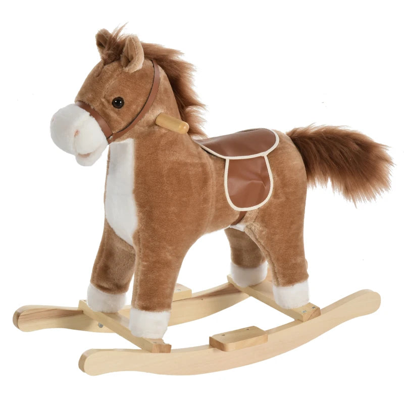 Qaba Kids Rocking Horse Plush Animal on Wooden Rockers with Sounds, Wooden Base, Baby Rocking Chair, Brown