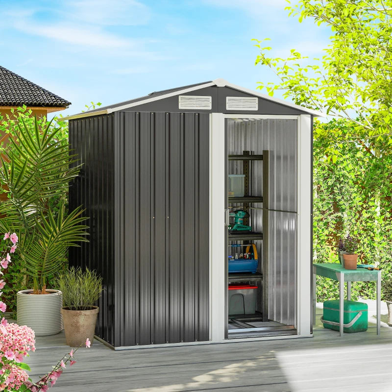 5ft x 4ft Garden Metal Storage Shed, Tool Storage Shed with Top Vents, Sliding Door, Sloped Roof and Foundation Kit for Garden, Patio, Lawn, Dark Grey