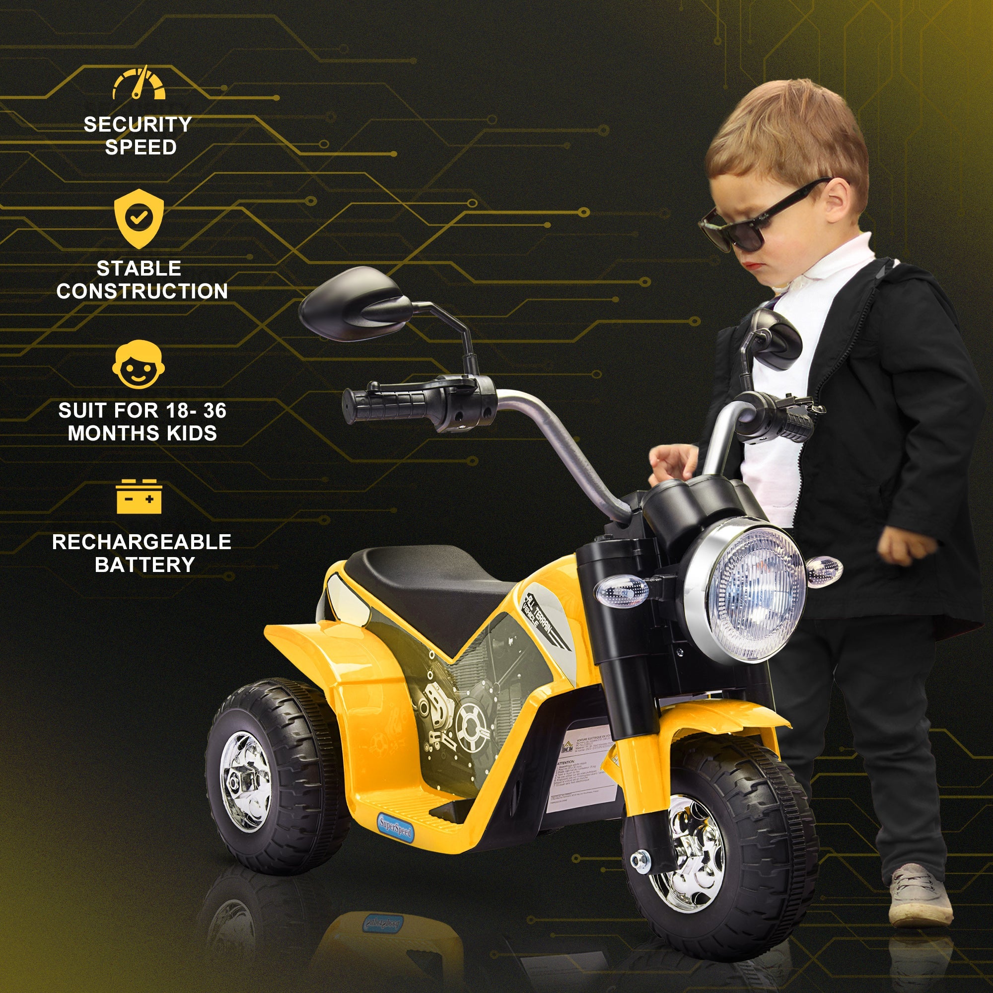 Aosom 6V Electric Kids Motorcycle Ride-On Dirt Bike 3-Wheels with Horn Headlights Yellow for Toddlers