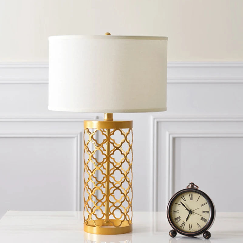 American Golden Wrought Iron Hollow Pattern Table Lamp – Luxury Living Room, Bedroom Bedside, LED E27, Beige Cloth Cover