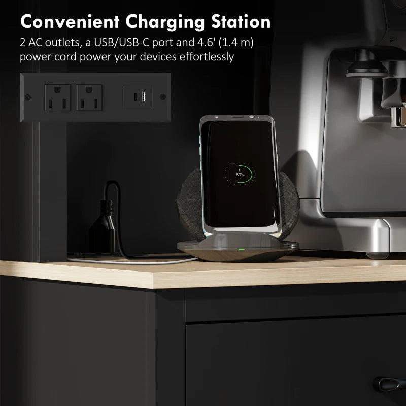 69" Kitchen Pantry Cabinet with Charging Station Kitchen Cabinet with Microwave Stand 7 Gallon Trash Can Cabinet Black
