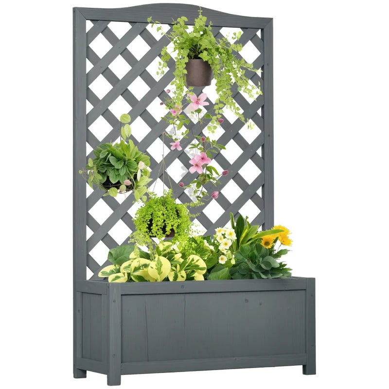 Wood Planter with Trellis for Vine Climbing, Raised Garden Bed to Grow Vegetables for Backyard, 28" x 11" x 46", Grey