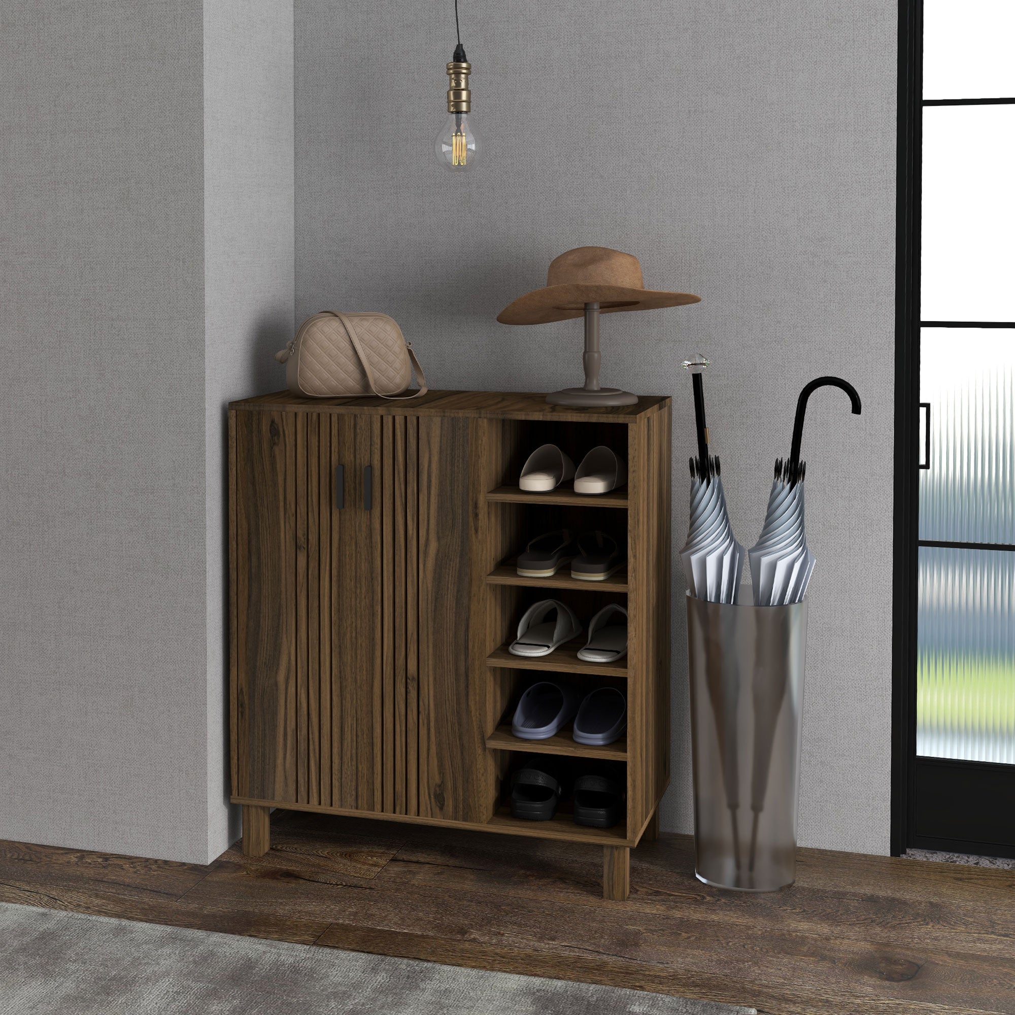 HOMCOM Entryway Elegance: Shoe Organizer with Double Doors, Open Shelves for 17 Pairs, Walnut Finish
