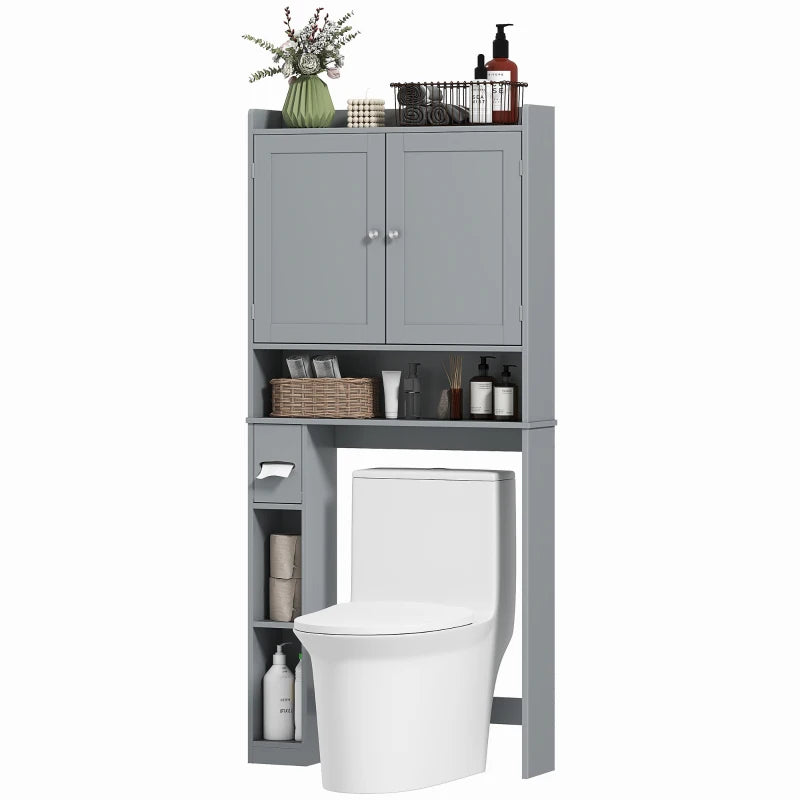 Modern Over the Toilet Storage Cabinet with 2 Doors, Above Commode Storage Cabinet with Toilet Paper Holder, Grey
