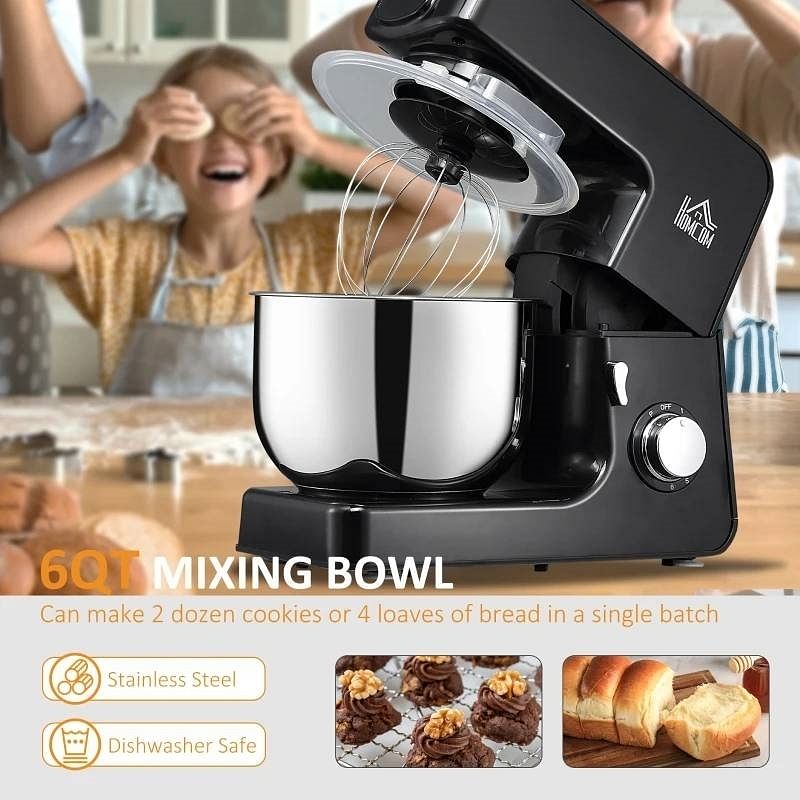 Black Stainless Steel 6 Quart Bowl Tilt 600W Electric Kitchen Food Dough Mixer - Free Shipping