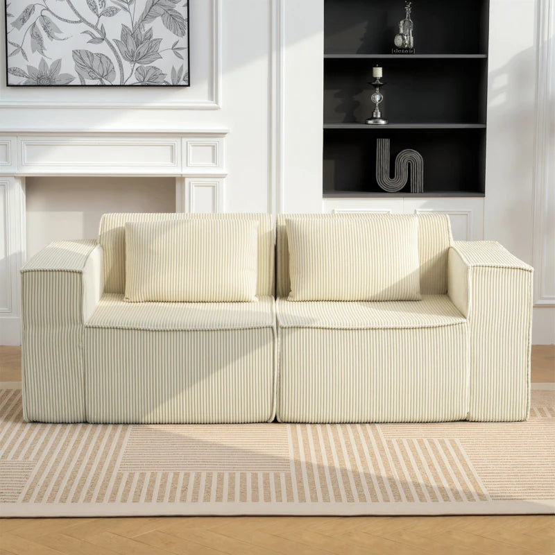 Boneless Couch, Corduroy 3 Seater Sofa with Deep Seat, Wide Armrests, 2 Pillows, Quick Assembly for Living Room, Beige
