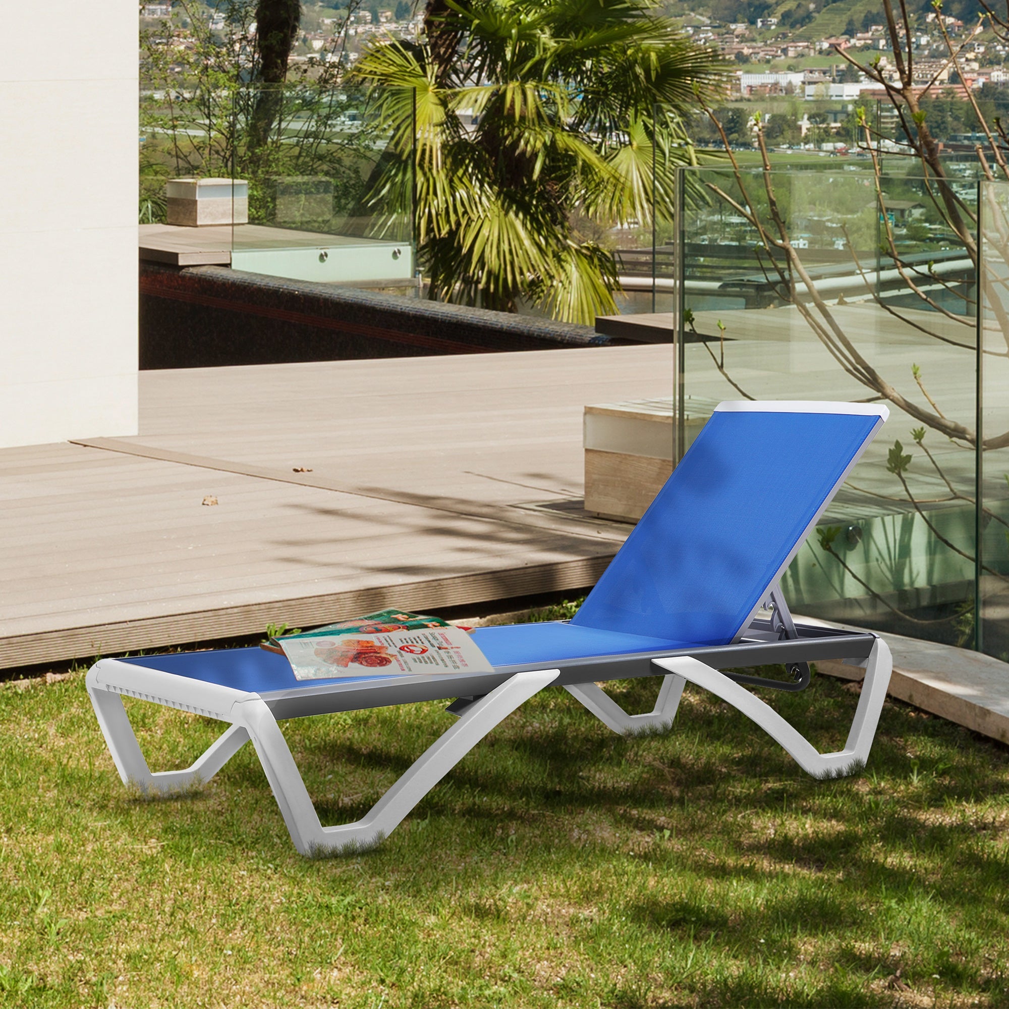 Outsunny Outdoor Chaise Lounge Chair Portable with Adjustable Back Wheels Breathable Mesh Fabric Blue