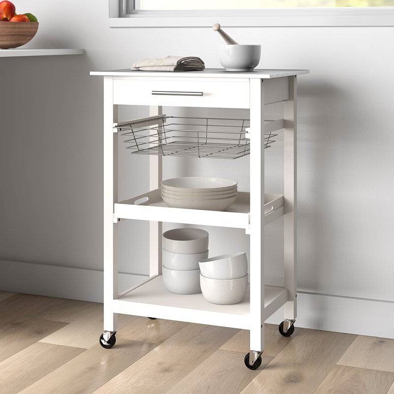 White Stainless Steel Top Kitchen Cart with Drawer and Storage Shelves - Free Shipping