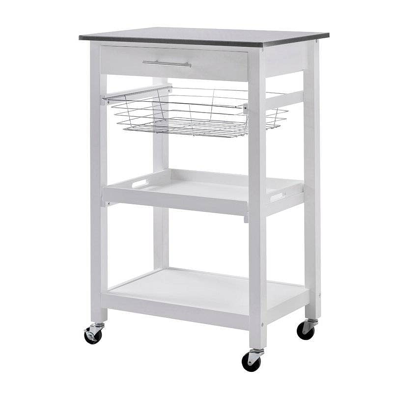 White Stainless Steel Top Kitchen Cart with Drawer and Storage Shelves - Free Shipping