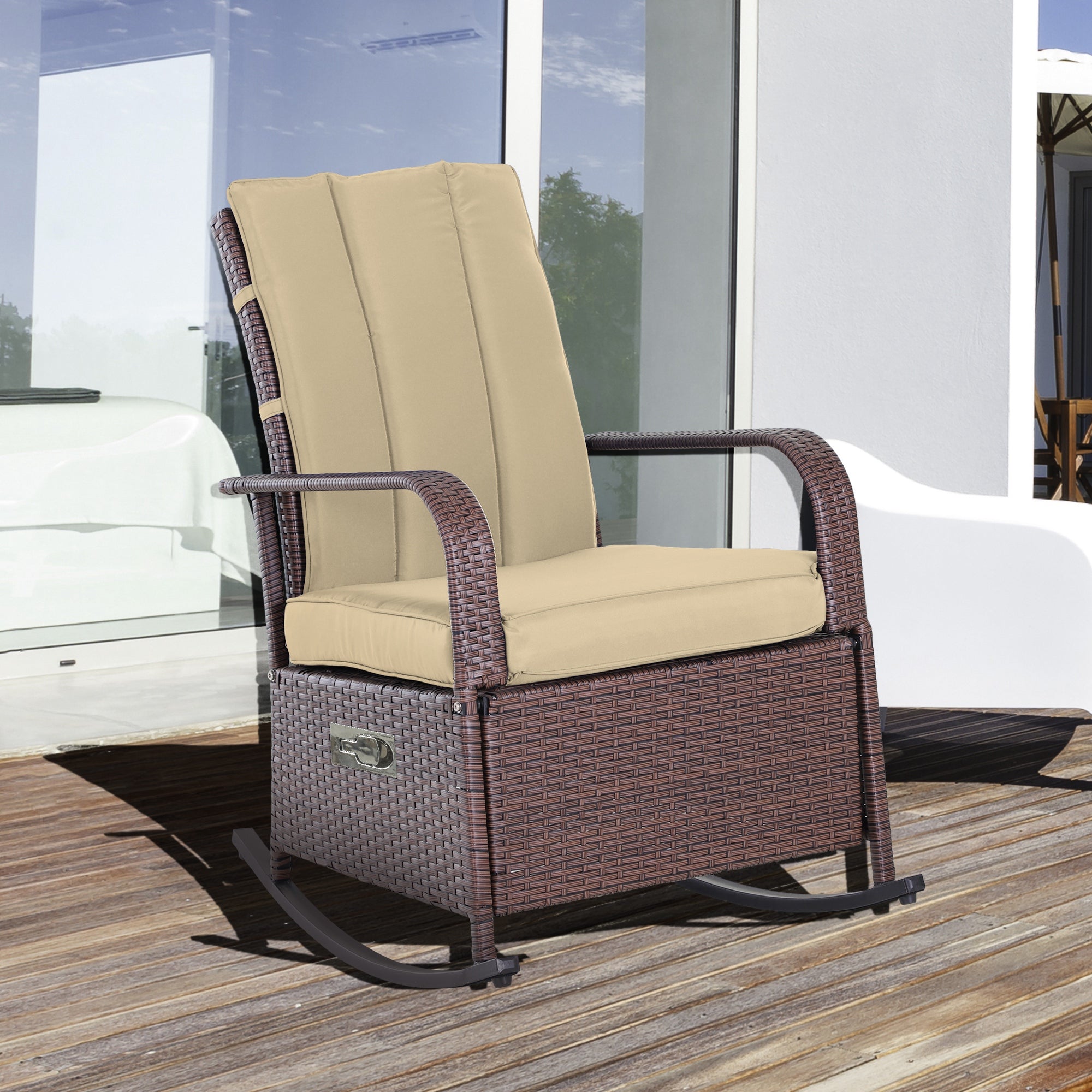 Outsunny Wicker Rocking Chair Outdoor Patio PE Rattan Recliner with Cushion Adjustable Footrest Khaki