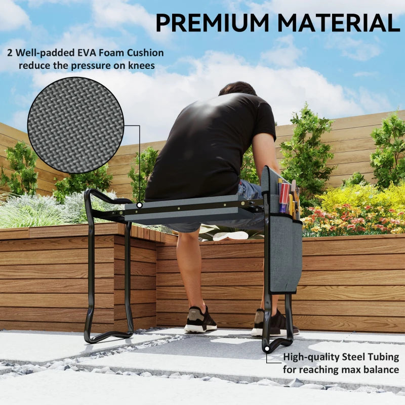 Garden Kneeler and Seat, Foldable Gardening Stool Bench with Thick EVA Foam Kneeling Pad and 1 Large Tool Pouch, Grey