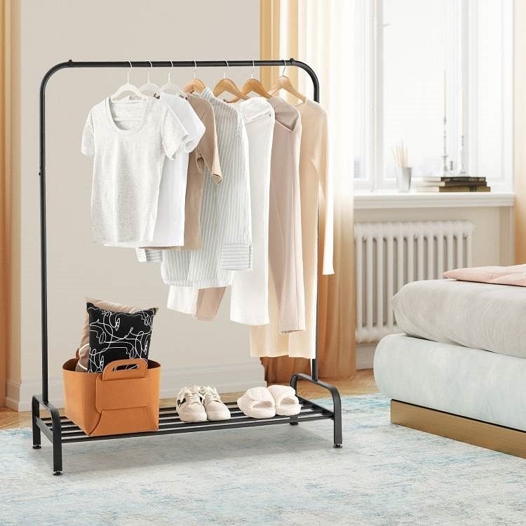 Heavy Duty Metal Garment Rack Clothes Hanging Rod with Bottom Storage Shelf - Free Shipping