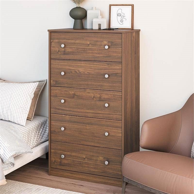 Modern 5-Drawer Bedroom Chest of Drawers in Rustic Walnut Wood Finish - Free Shipping