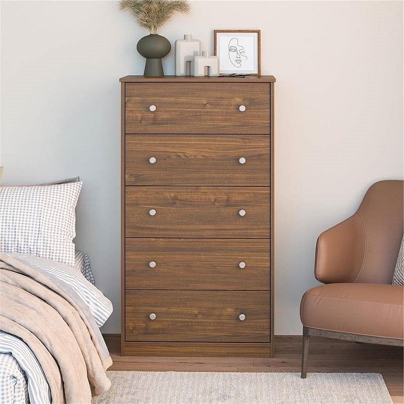 Modern 5-Drawer Bedroom Chest of Drawers in Rustic Walnut Wood Finish - Free Shipping