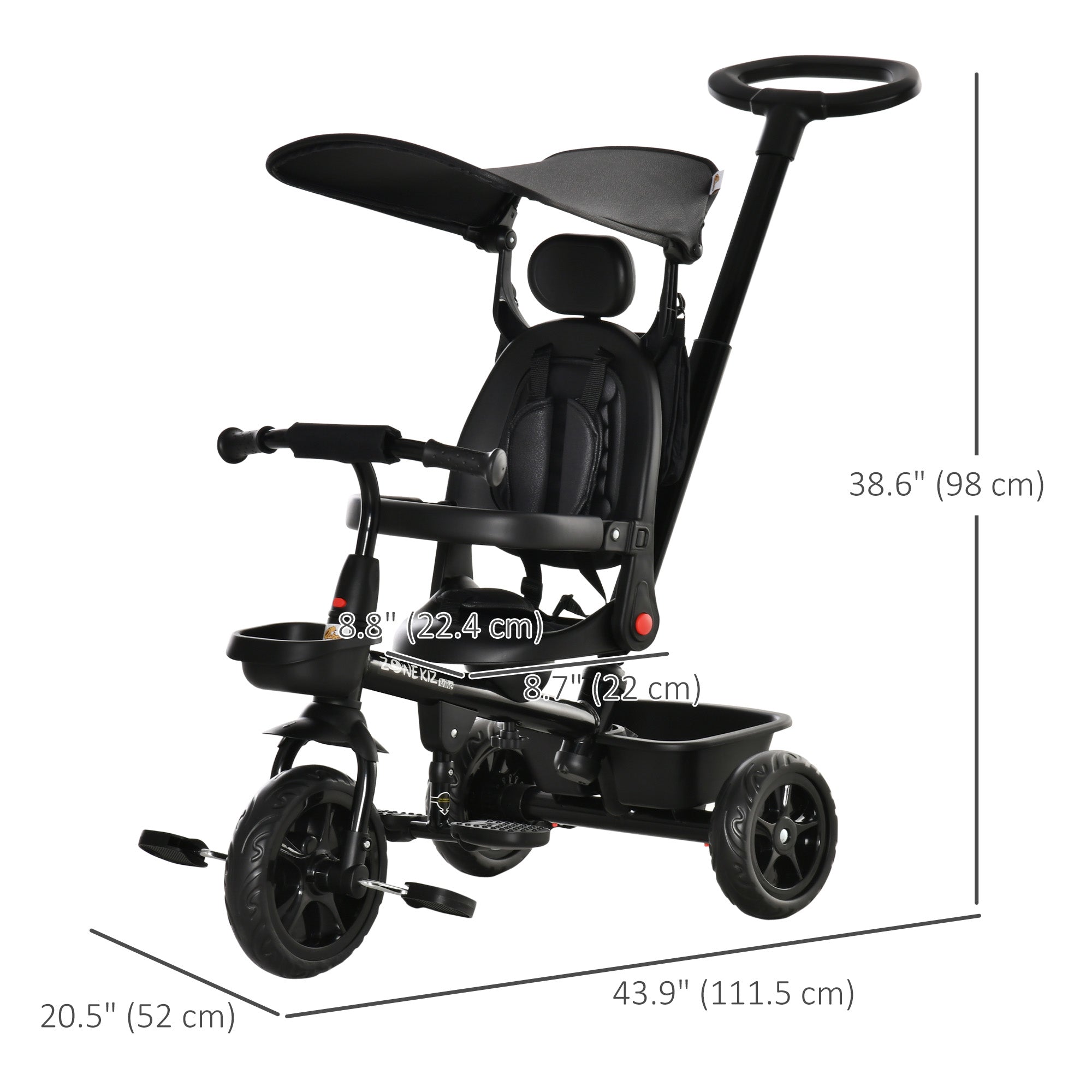 Qaba 4-in-1 Baby Tricycle Stroller with Reversible Seat, Adjustable Handle, Canopy, Safety Belt, Storage - Black