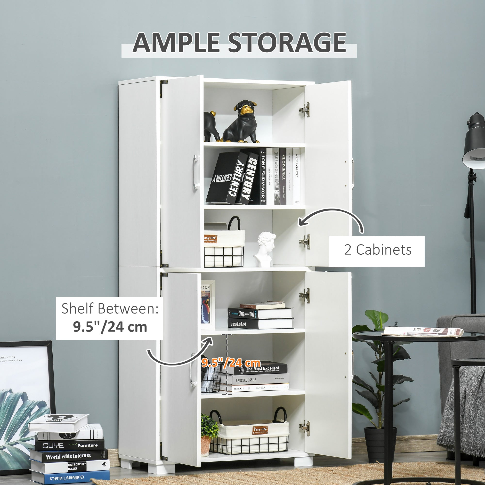 HOMCOM Industrial Pantry Storage Cabinet Kitchen 4 Doors Cupboard Shelves Bedroom Living Room White