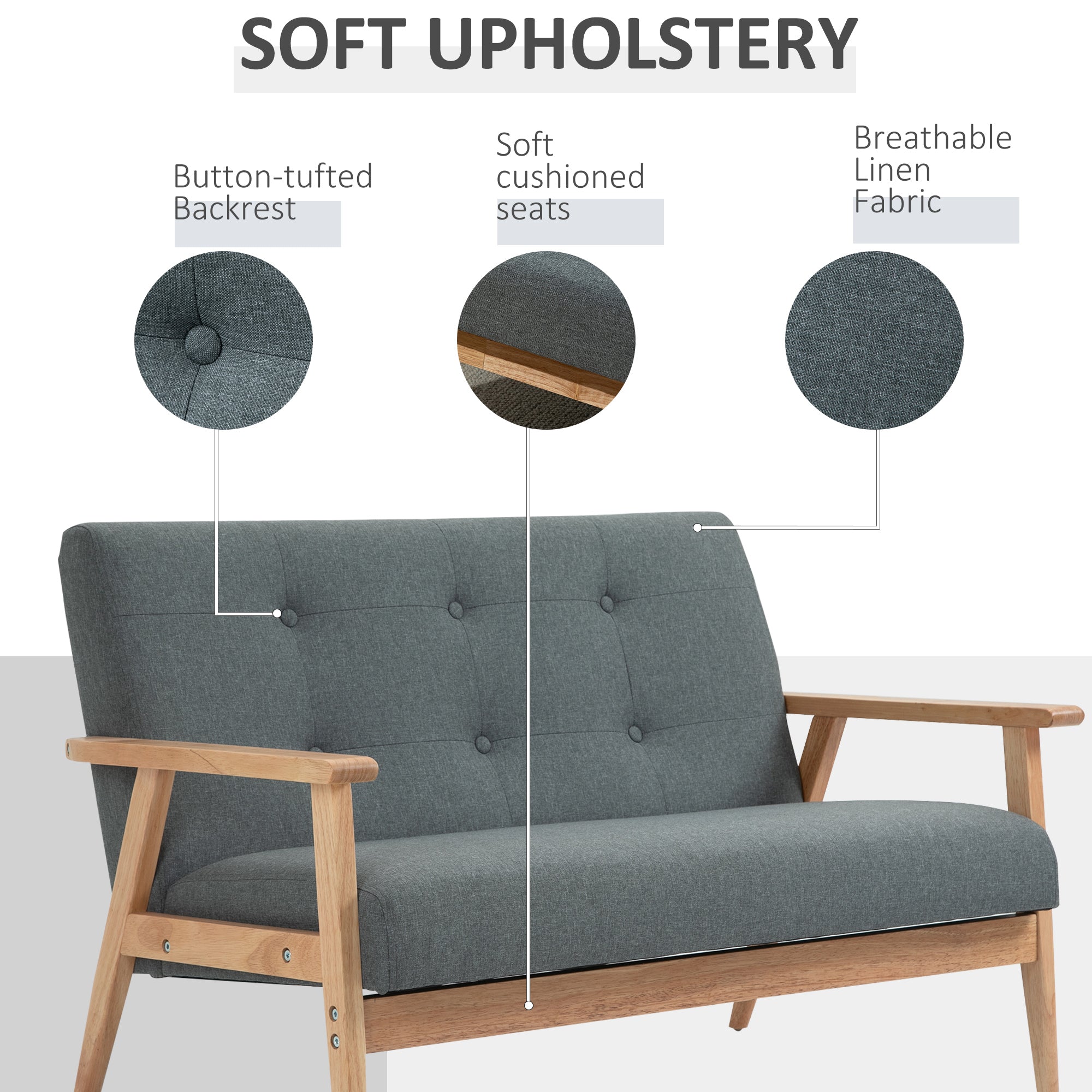 HOMCOM Upholstered 2-Seater Sofa 45" Rubber Wood Legs Comfortable Couch Living Room Bedroom Dark Grey Furniture