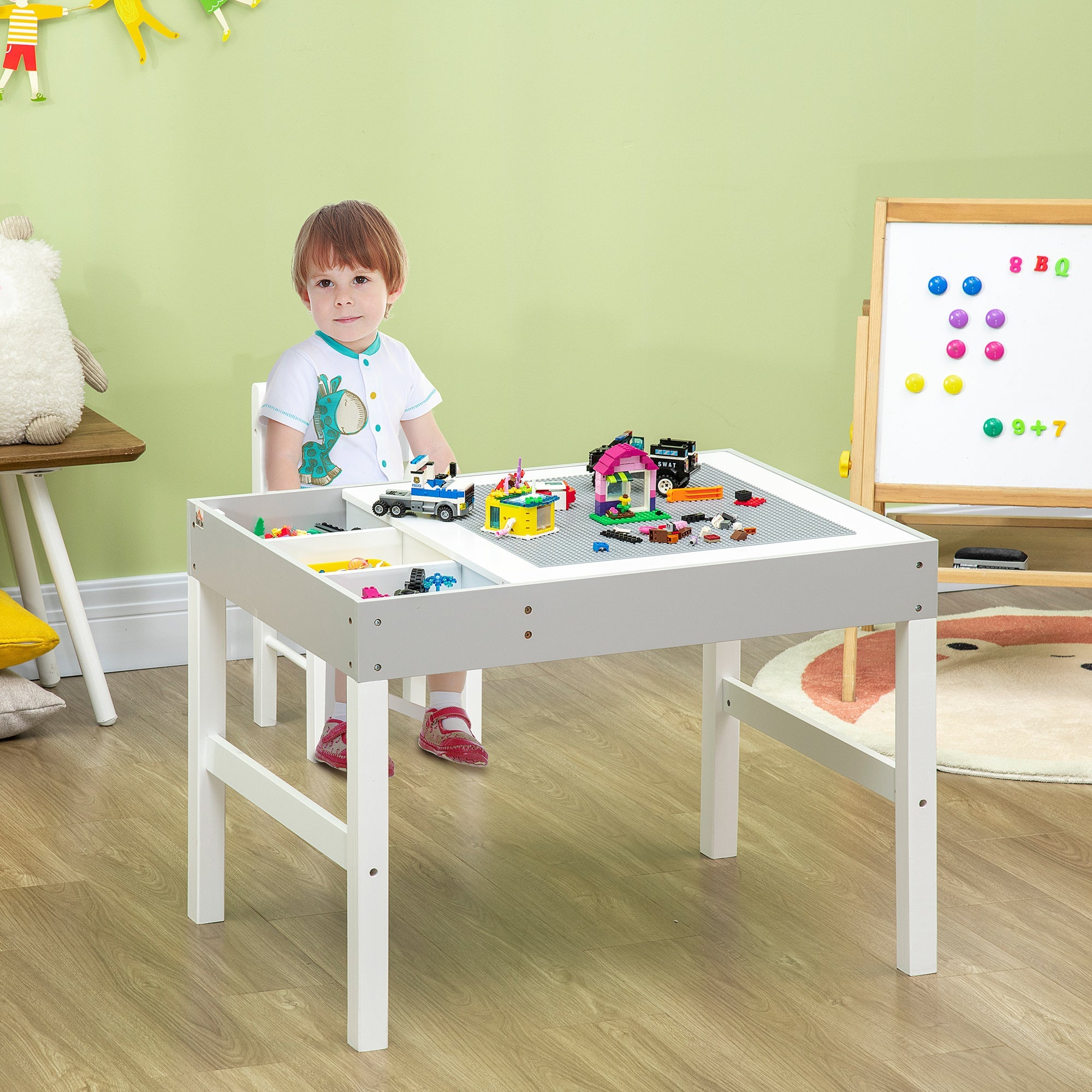 Qaba Kids Table Set with Building Block Desktop: 2-Piece Toddler Set, Multiple Storage Spaces
