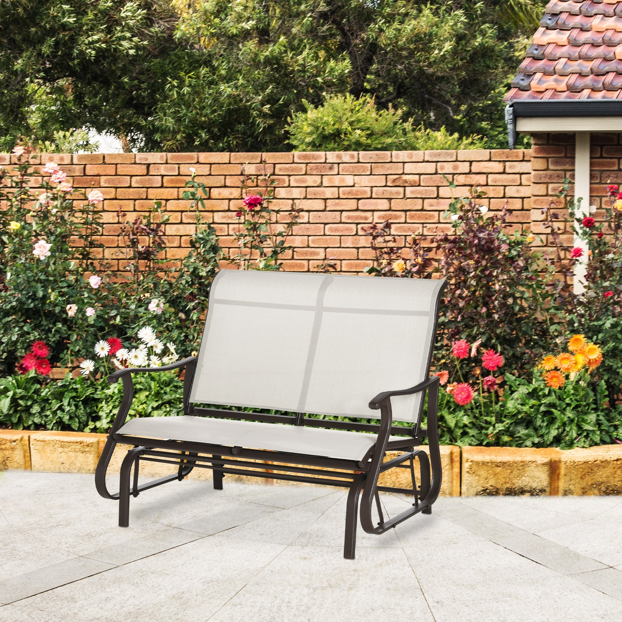 Outsunny Garden Double Gliding Chair Patio Glider Armchair Mesh Seat Backrest Steel Frame Cream White for Outdoor Backyard