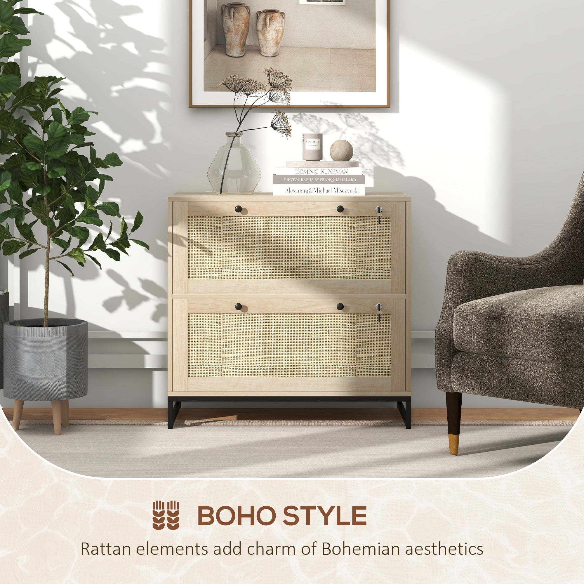 Vinsetto Boho Lockable 2 Drawer File Cabinet Adjustable Bar for Letter A4 Legal Size Natural Office Storage