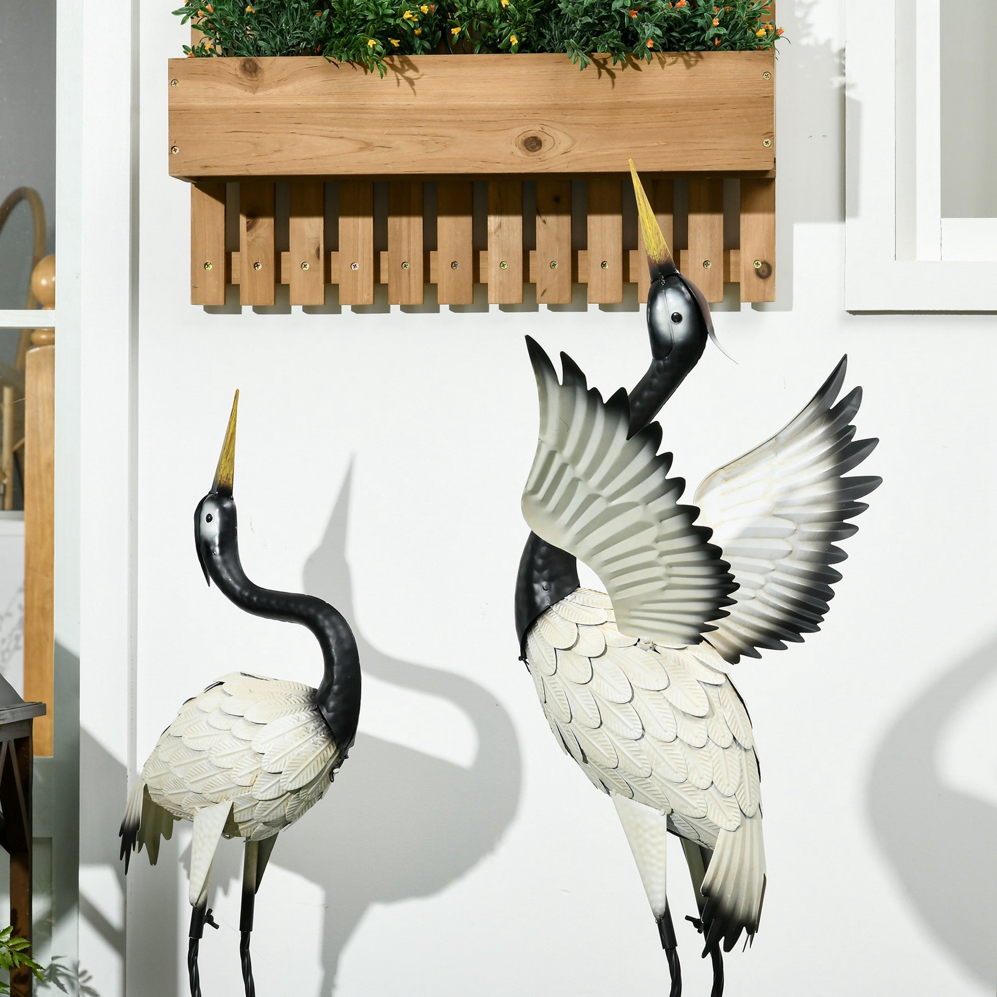 Outsunny 2pc Garden Heron Statues Metal Lawn Ornaments for Patio Backyard Decor White and Black