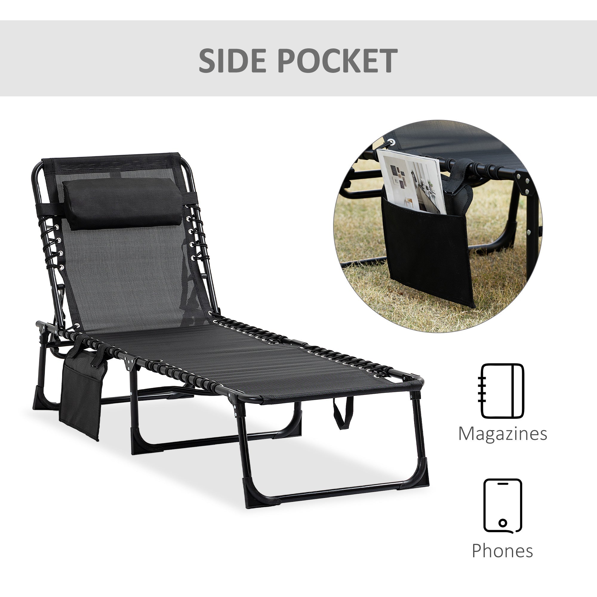 Outsunny Adjustable Outdoor Folding Lounge Chair Recliner with Pillow Black