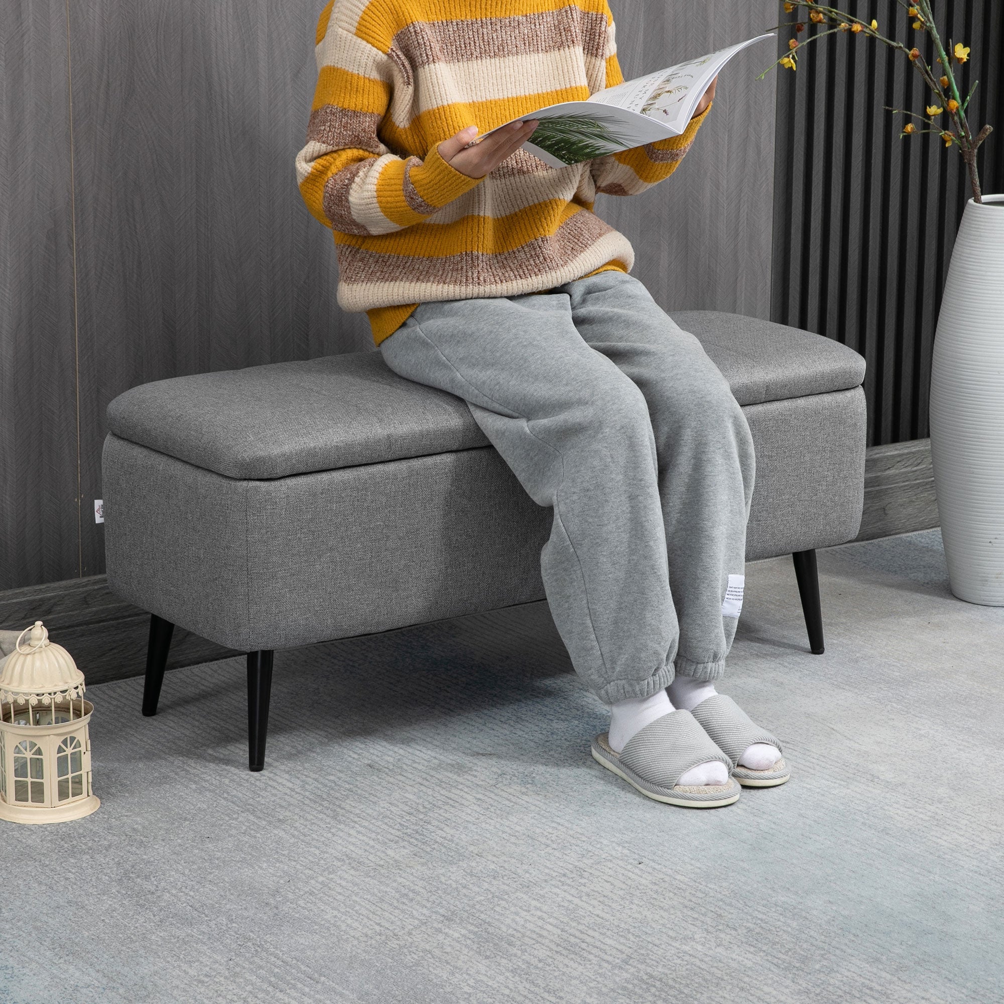 HOMCOM Linen Upholstered Ottoman: 40" Storage Bench with Sturdy Steel Legs for Living Spaces