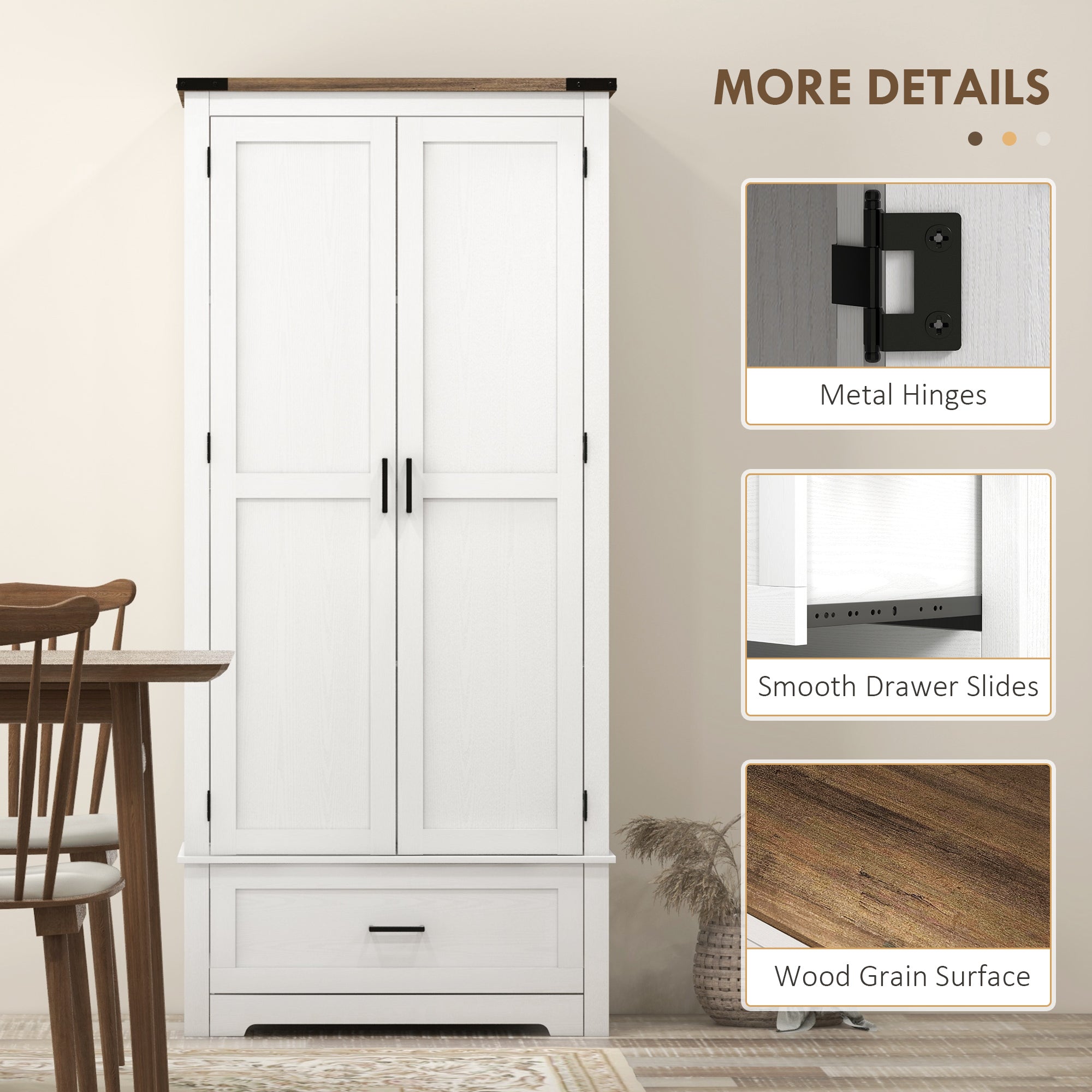 HOMCOM 69" Tall Farmhouse Kitchen Pantry Cabinet with 2 Doors, Drawer and Adjustable Shelves for Dining Room, White