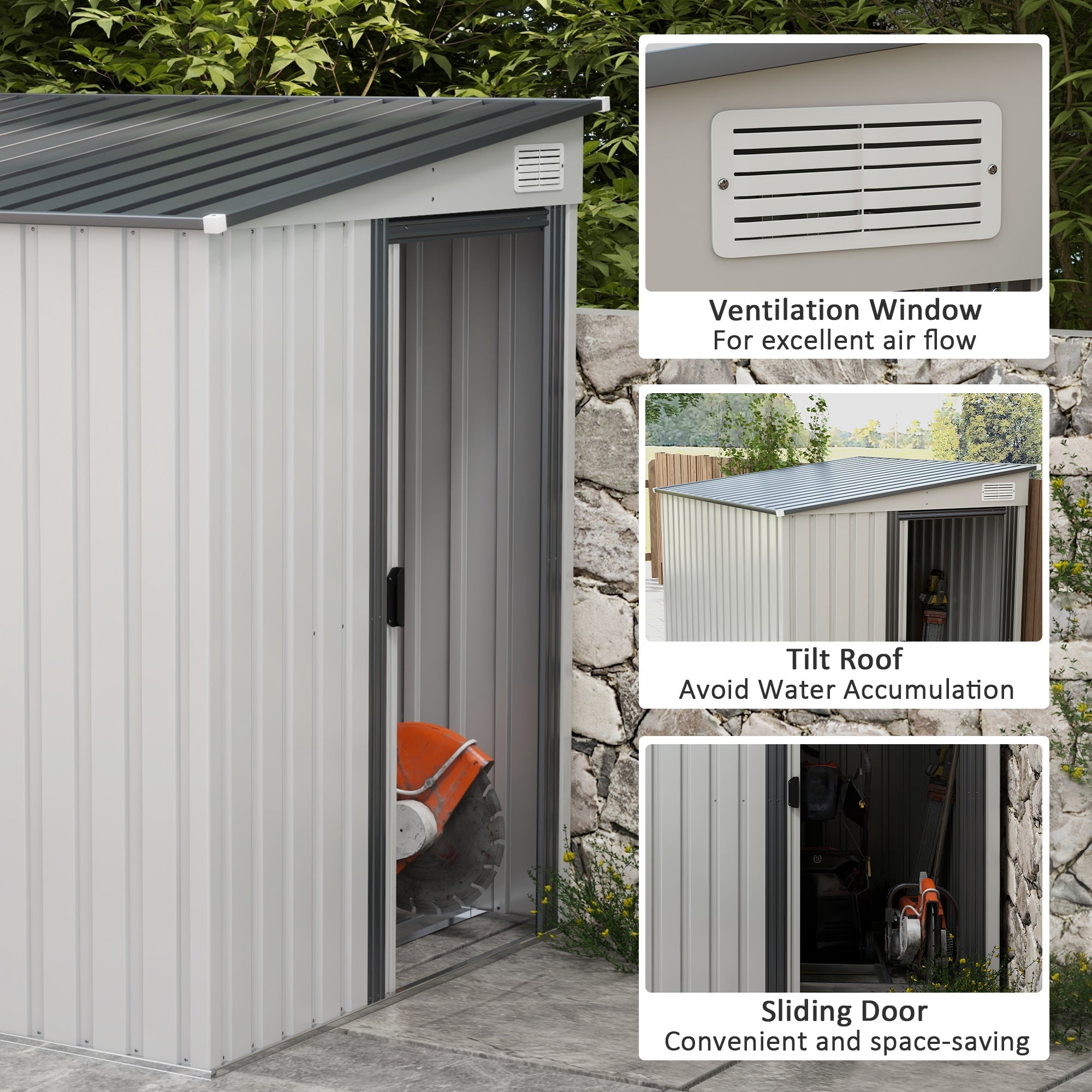 Outsunny 5'x7' Lean-To Metal Garden Shed: Galvanized Storage with Sliding Door, Foundation in Grey Color