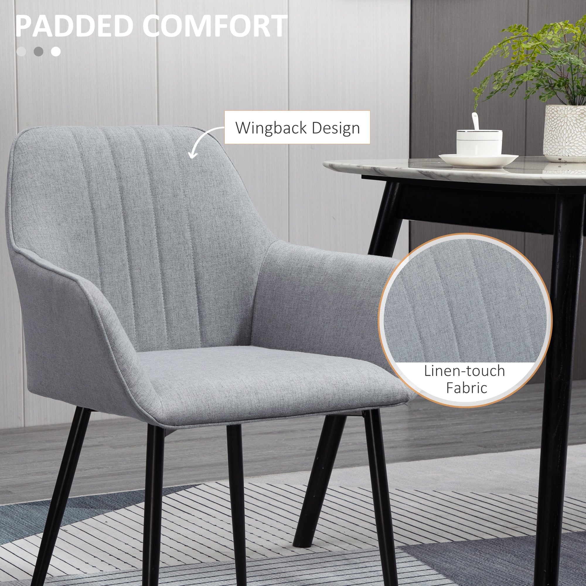 HOMCOM Dining Chairs Set of 2 Upholstered Linen Fabric Accent Chair Metal Legs Comfortable Seating Light Grey