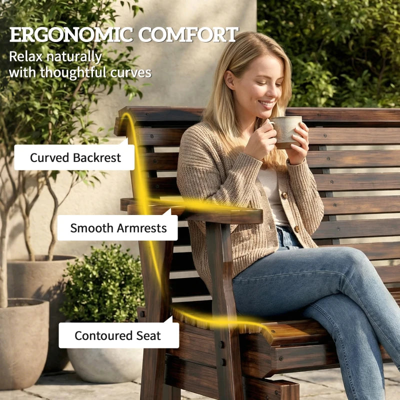 Outdoor Glider Bench, Wooden Glider Chair with 2 Cupholders, Slatted Seat and Armrests, Patio Swing Rocking Loveseat