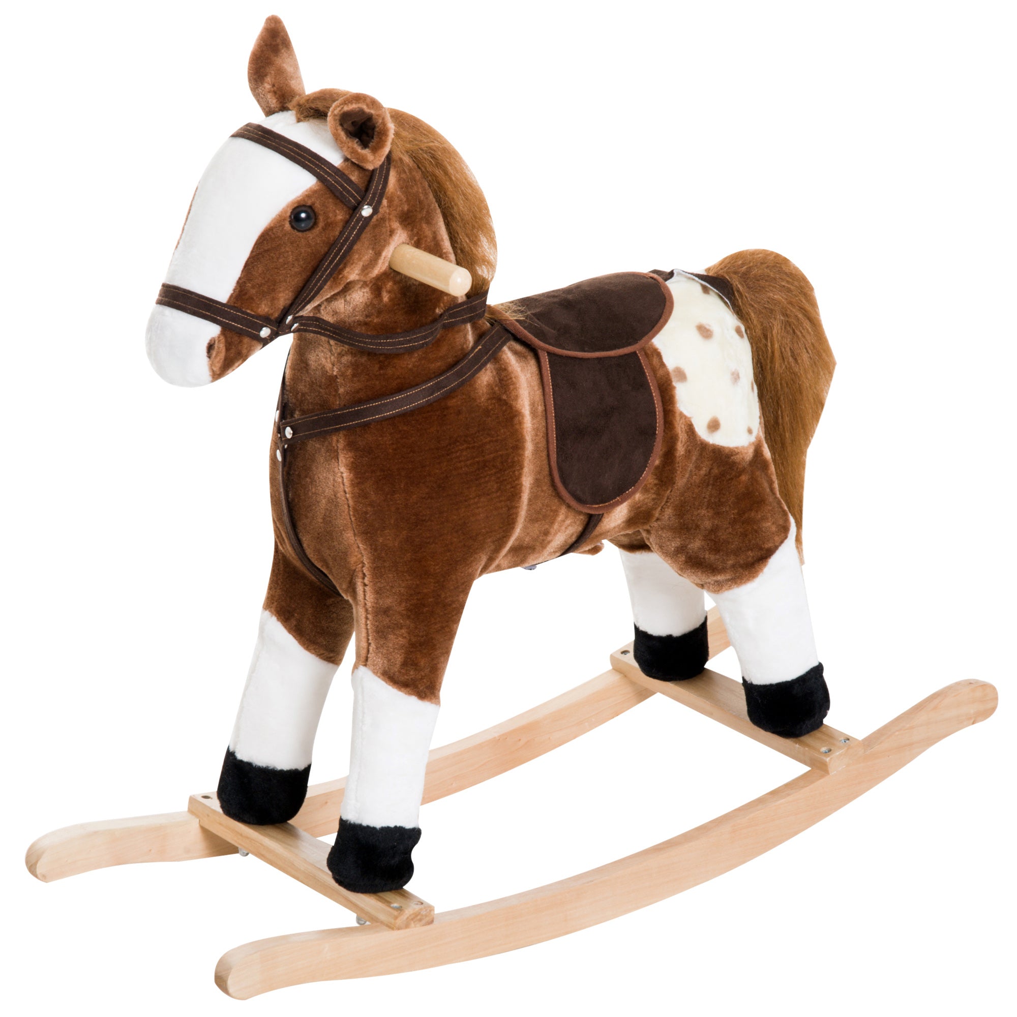 Qaba Kids Rocking Horse Plush Ride-On Toy Realistic Sounds Soft Brown Rocker Toddler Gift