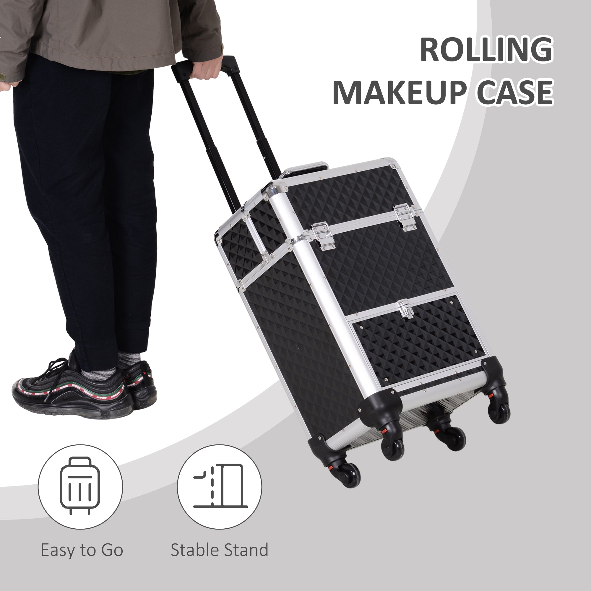 HOMCOM Portable Aluminum Makeup Train Case Rolling Cosmetic Organizer Trolley Salon Beauty Black with 4 Wheels