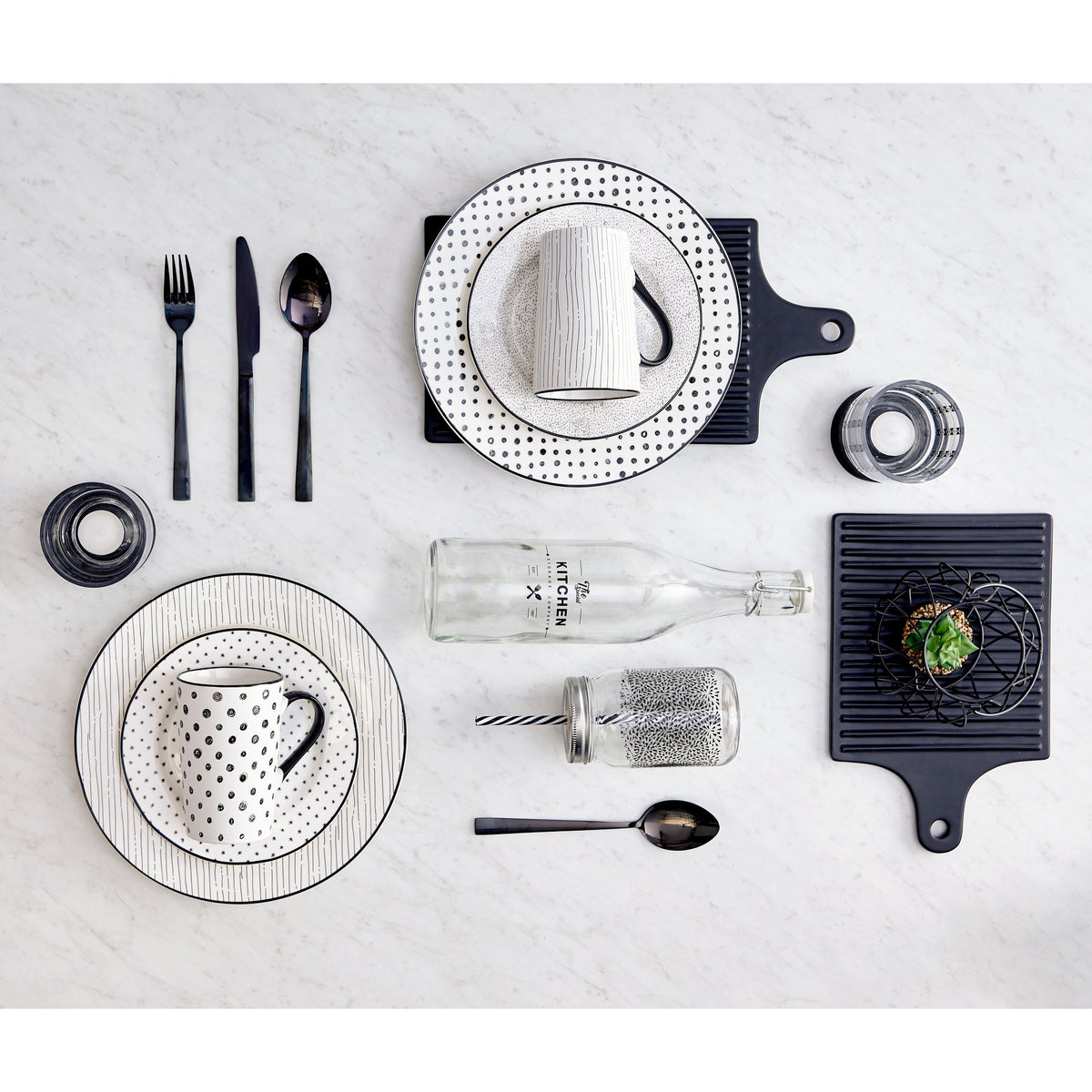 Dinnerware Set with Black Flatware, Porcelain, 12-Piece Dinnerware, Black and White Patterns – Sketch