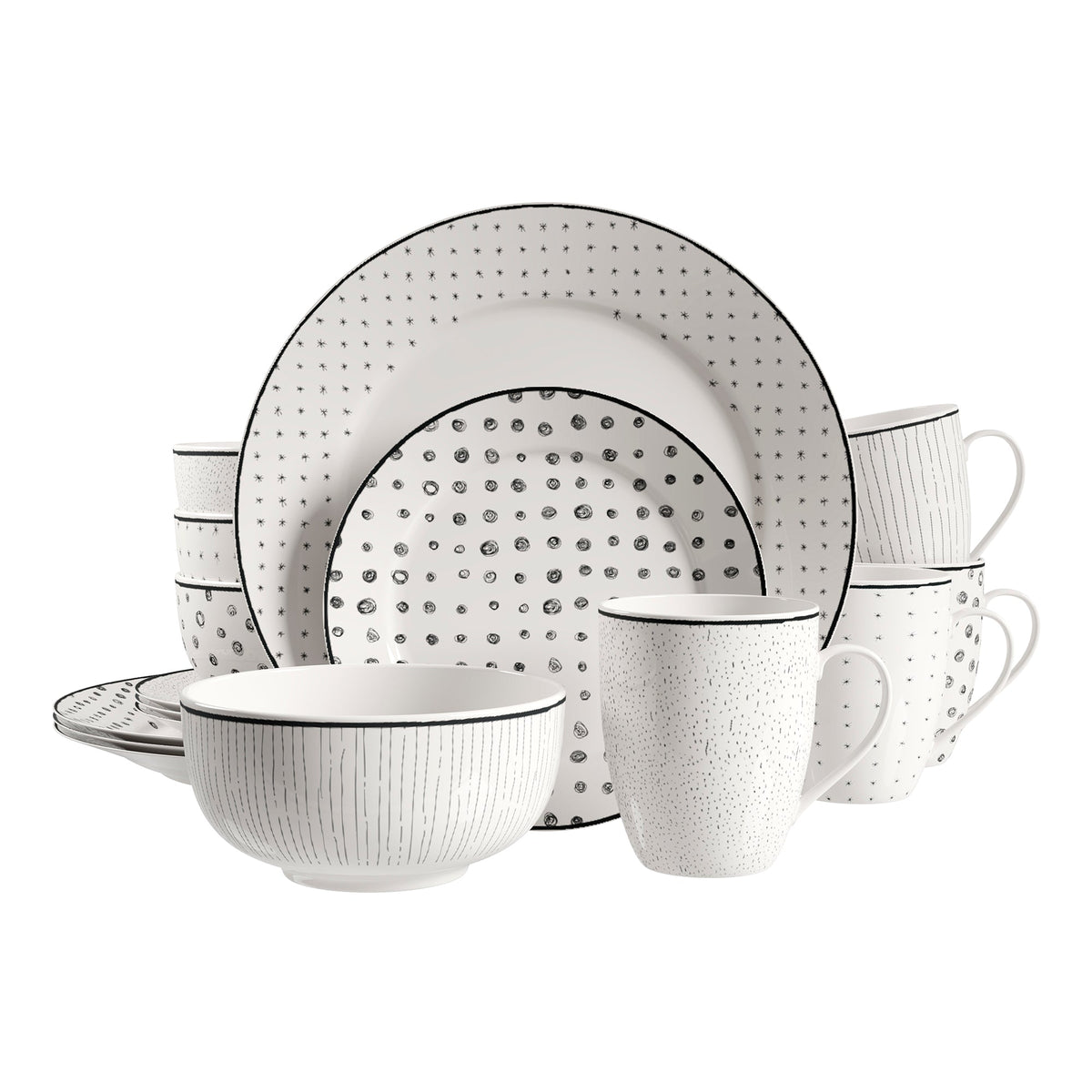 Dinnerware Set with Black Flatware, Porcelain, 12-Piece Dinnerware, Black and White Patterns – Sketch