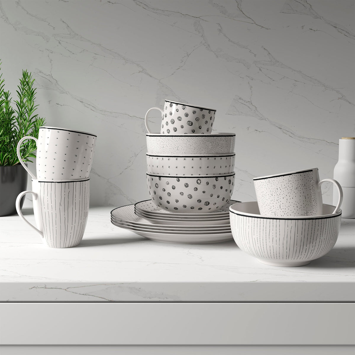 Dinnerware Set with Black Flatware, Porcelain, 12-Piece Dinnerware, Black and White Patterns – Sketch