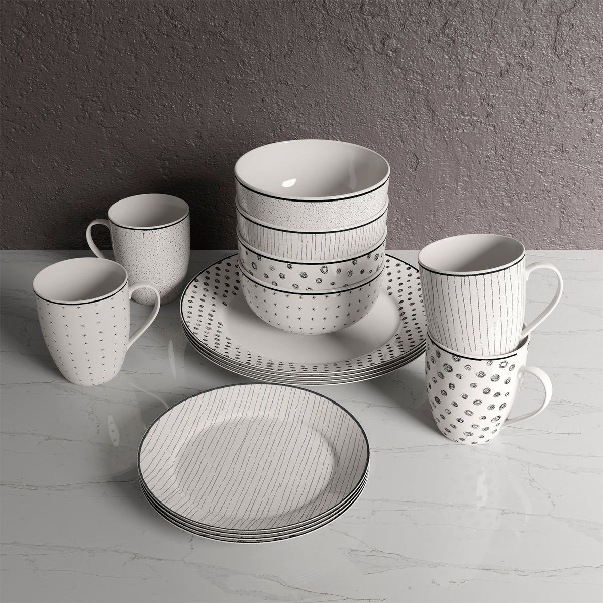 Dinnerware Set with Black Flatware, Porcelain, 12-Piece Dinnerware, Black and White Patterns – Sketch