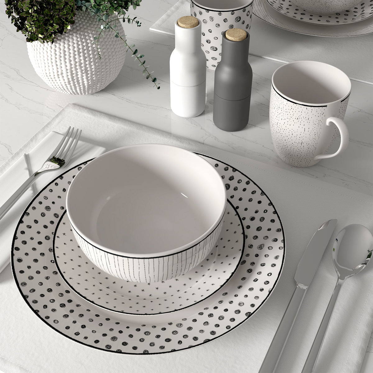 Dinnerware Set with Black Flatware, Porcelain, 12-Piece Dinnerware, Black and White Patterns – Sketch