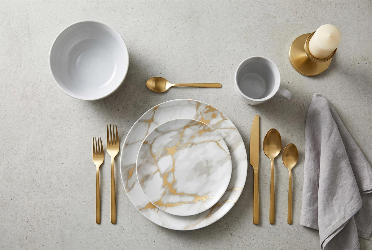 Dinnerware Set with Gold Flatware, Porcelain, 16-Piece Dinnerware, Grey and Gold Marble Look – Gold Marble