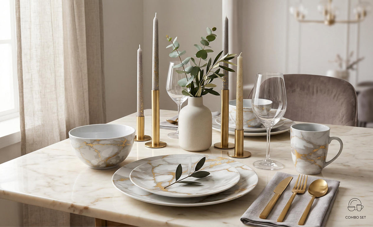 Dinnerware Set with Gold Flatware, Porcelain, 16-Piece Dinnerware, Grey and Gold Marble Look – Gold Marble