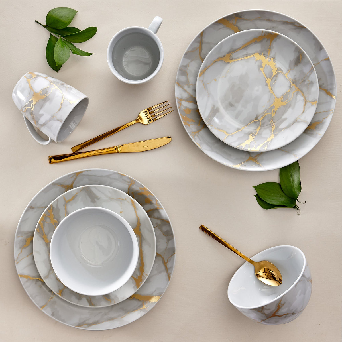 Dinnerware Set with Gold Flatware, Porcelain, 16-Piece Dinnerware, Grey and Gold Marble Look – Gold Marble