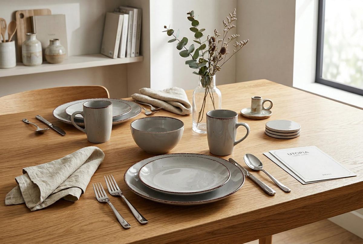 Dinnerware Set with Silver Flatware, Stoneware, 16-Piece Dinnerware, Grey Speckled, Brown Rim – Utopia