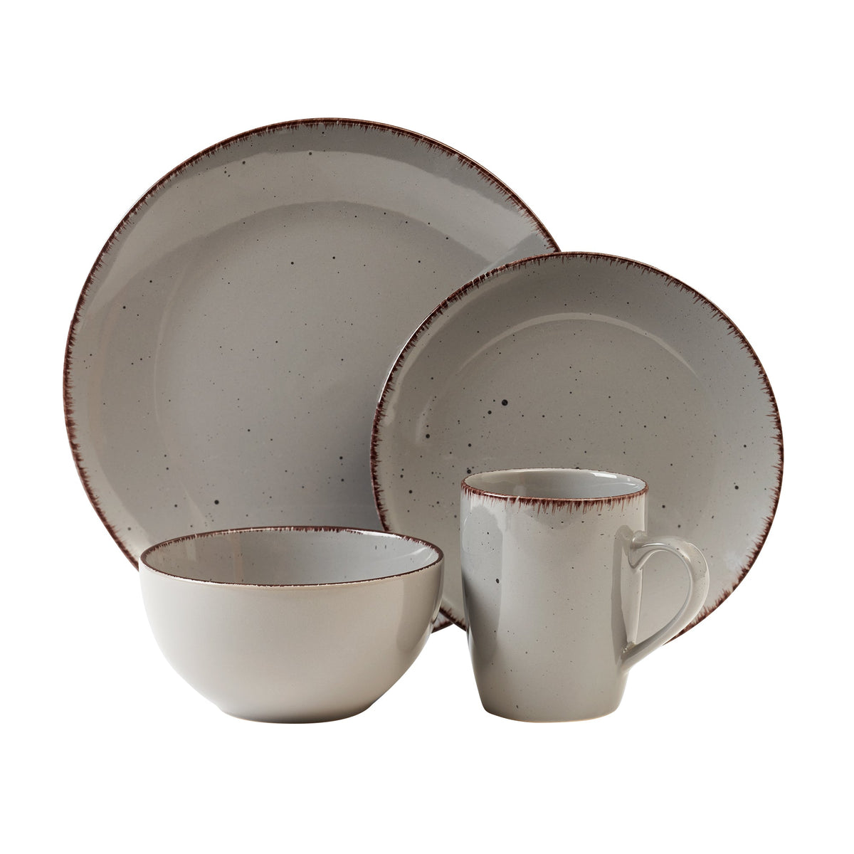 Dinnerware Set with Silver Flatware, Stoneware, 16-Piece Dinnerware, Grey Speckled, Brown Rim – Utopia