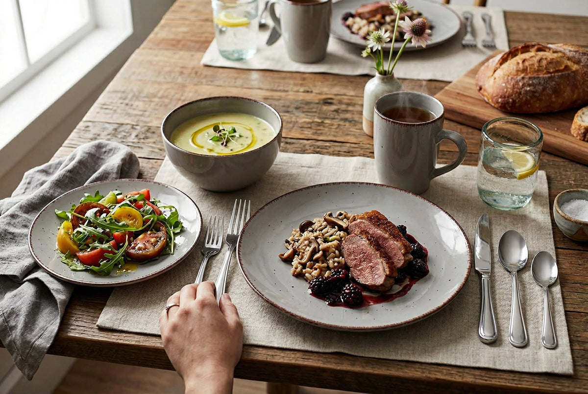 Dinnerware Set with Silver Flatware, Stoneware, 16-Piece Dinnerware, Grey Speckled, Brown Rim – Utopia
