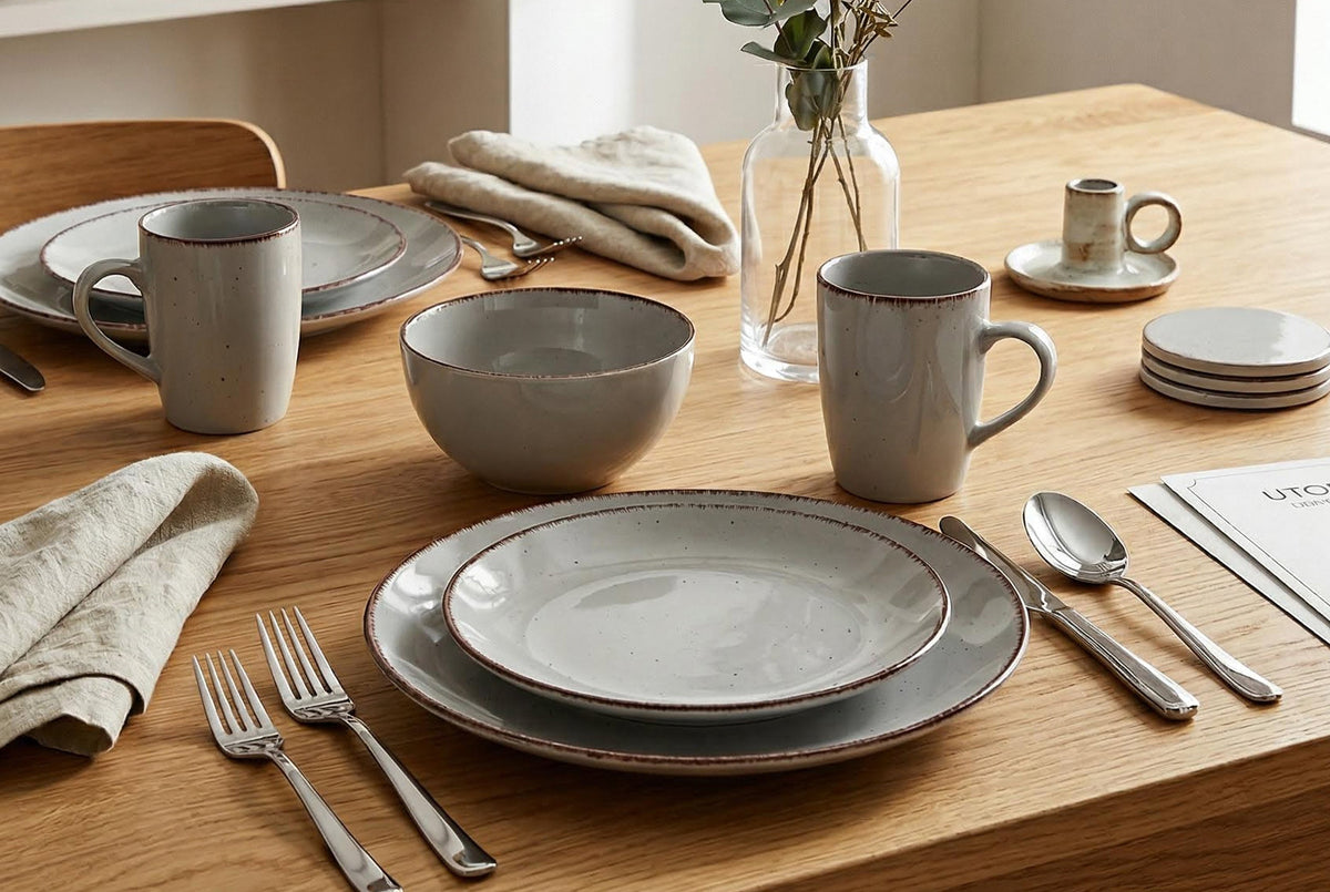 Dinnerware Set with Silver Flatware, Stoneware, 16-Piece Dinnerware, Grey Speckled, Brown Rim – Utopia