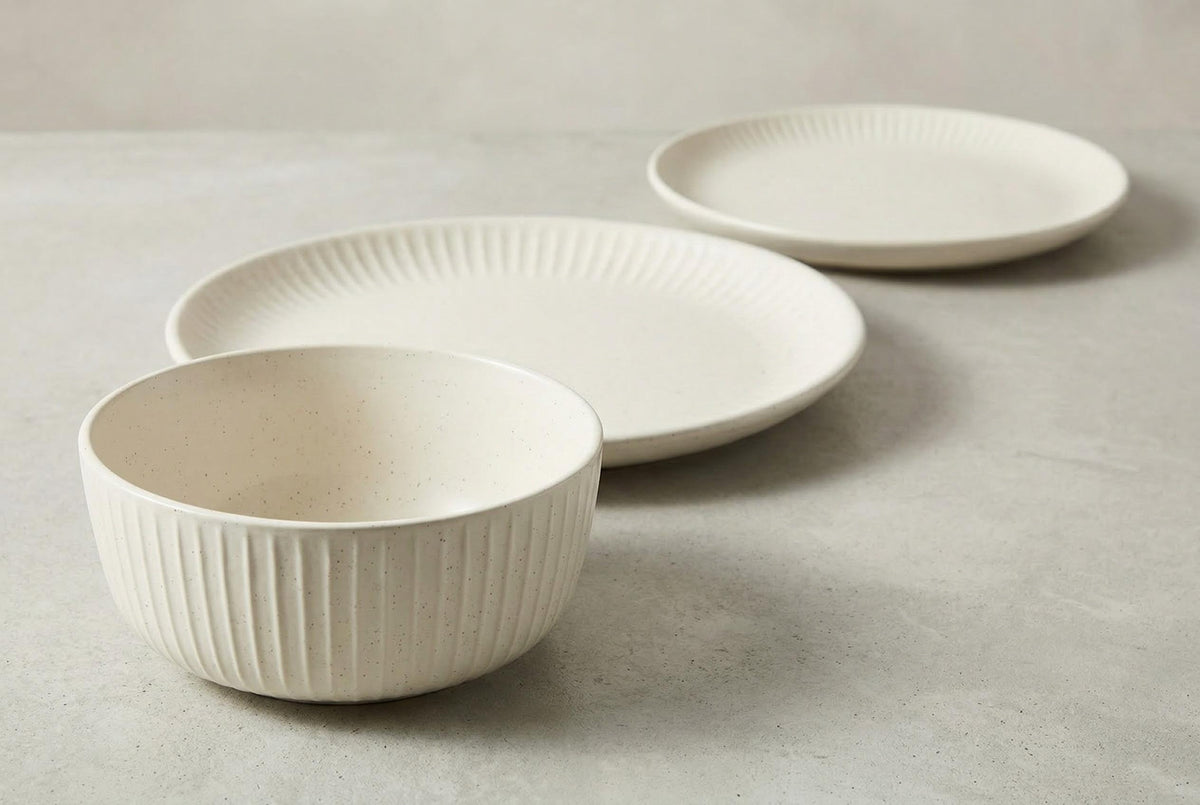 Dinnerware Set, 12-Piece, Stoneware, Fluted Embossed, Bone – Sesame