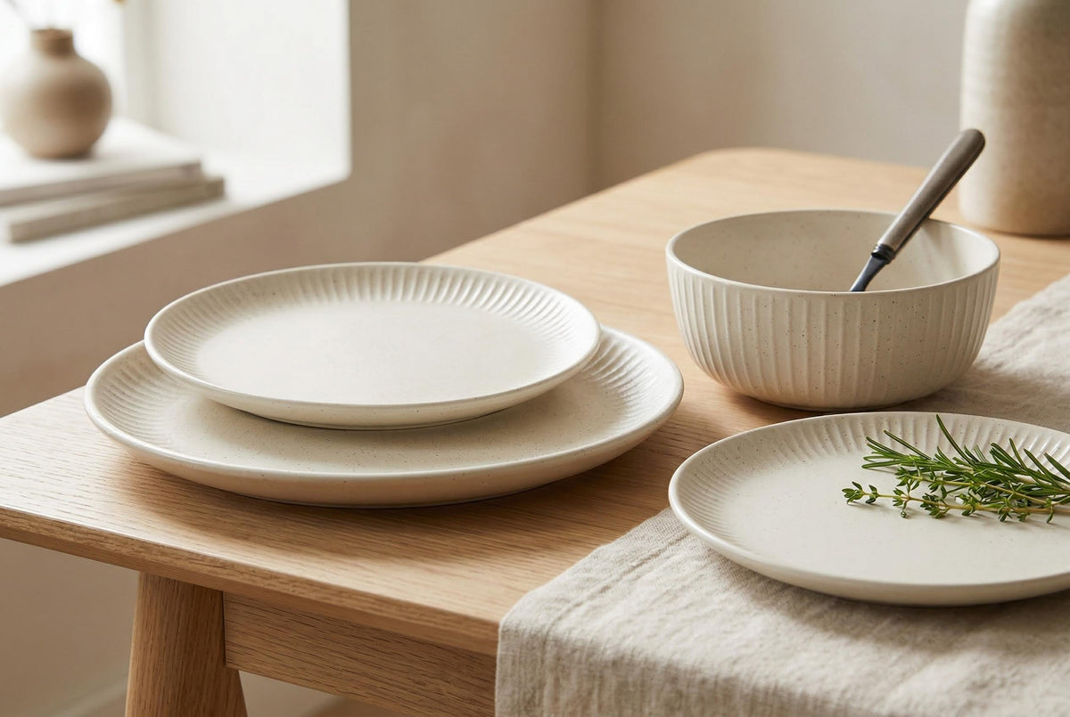Dinnerware Set, 12-Piece, Stoneware, Fluted Embossed, Bone – Sesame