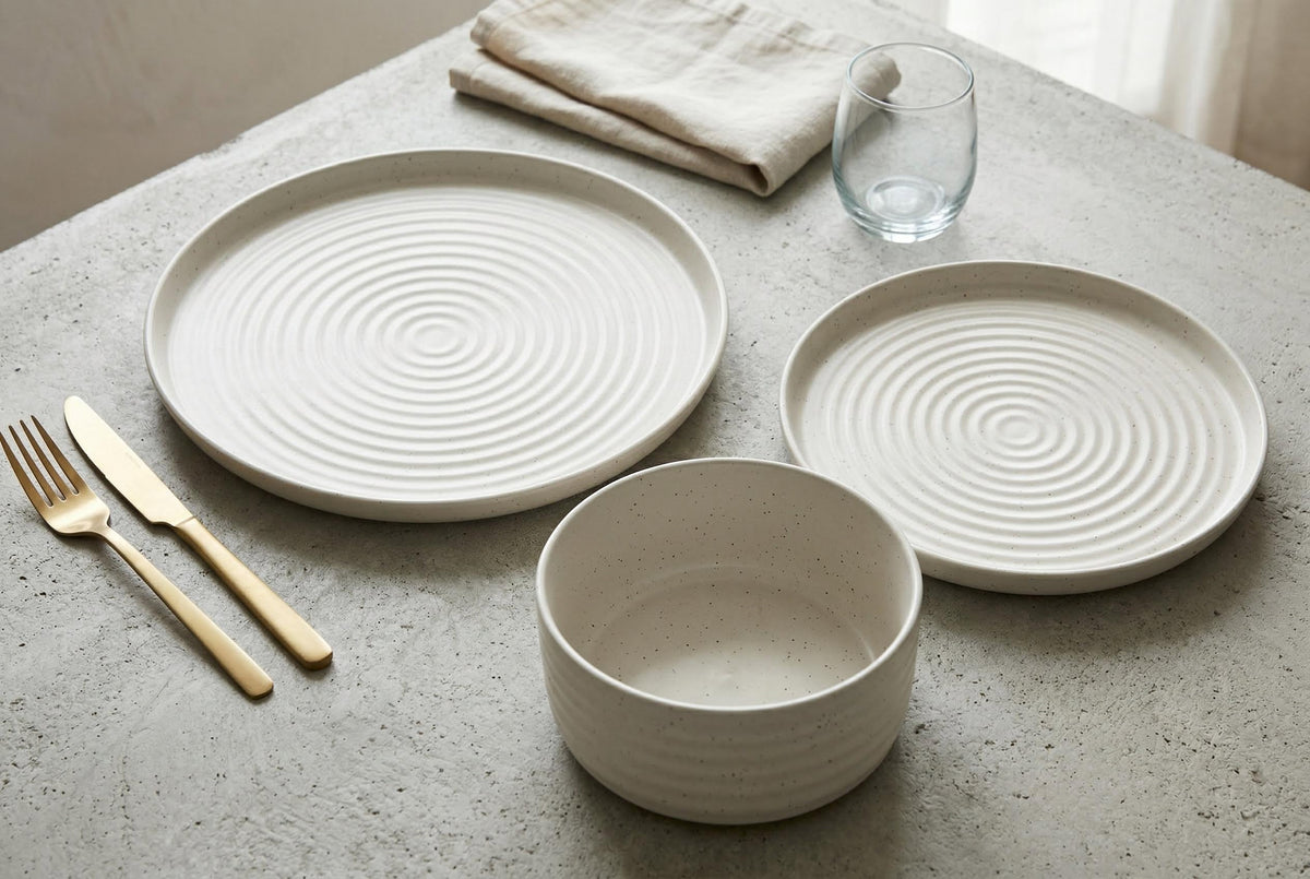 Dinnerware Set, 12-Piece, Stoneware, Speckled Off-White, Ribbed – Rachel