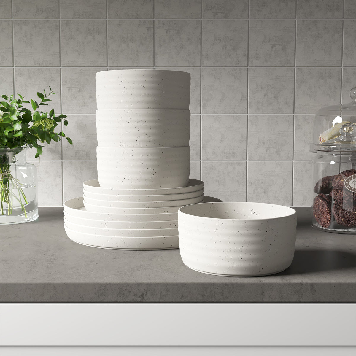 Dinnerware Set, 12-Piece, Stoneware, Speckled Off-White, Ribbed – Rachel